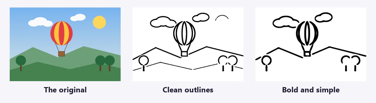 A balloon illustration, the same as thin black outlines, and as bolder simpler outlines