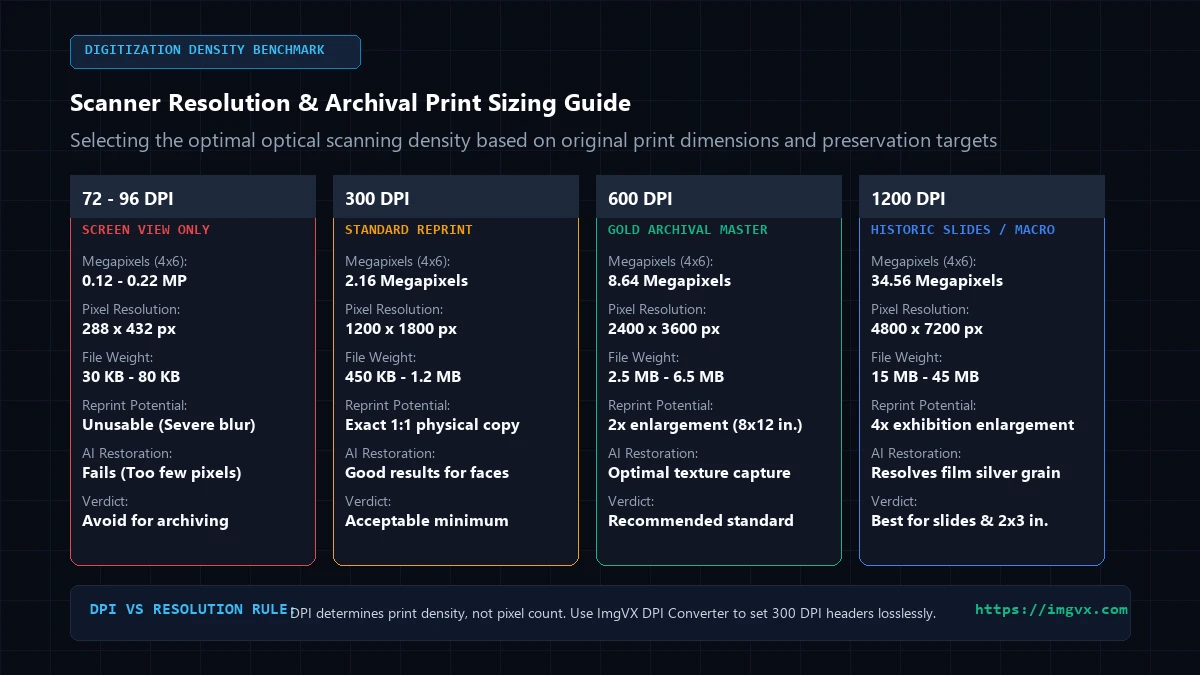 Scanner Resolution & Archival Print Sizing Guide: 72 DPI vs 300 DPI vs 600 DPI vs 1200 DPI