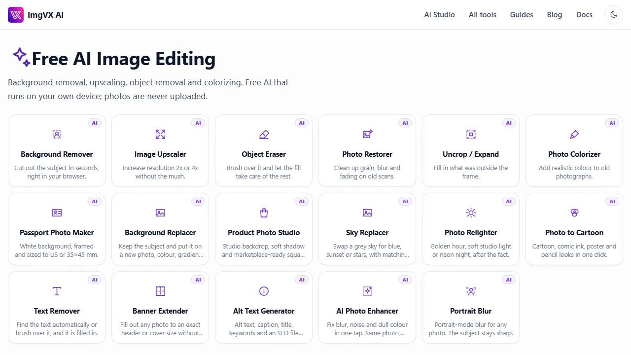 The ImgVX AI free AI image editing page listing all 16 AI tools with their descriptions