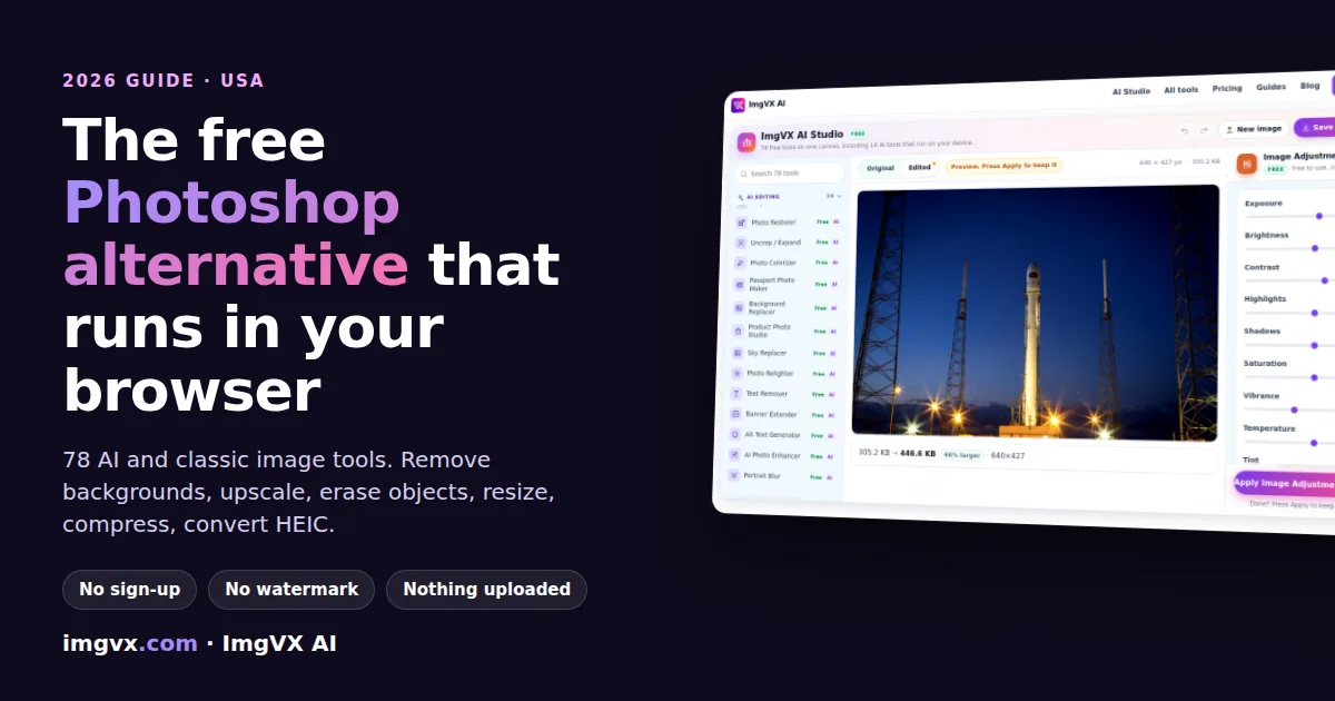 The free Photoshop alternative that runs in your browser: ImgVX AI Studio with a photo open and the adjustment sliders
