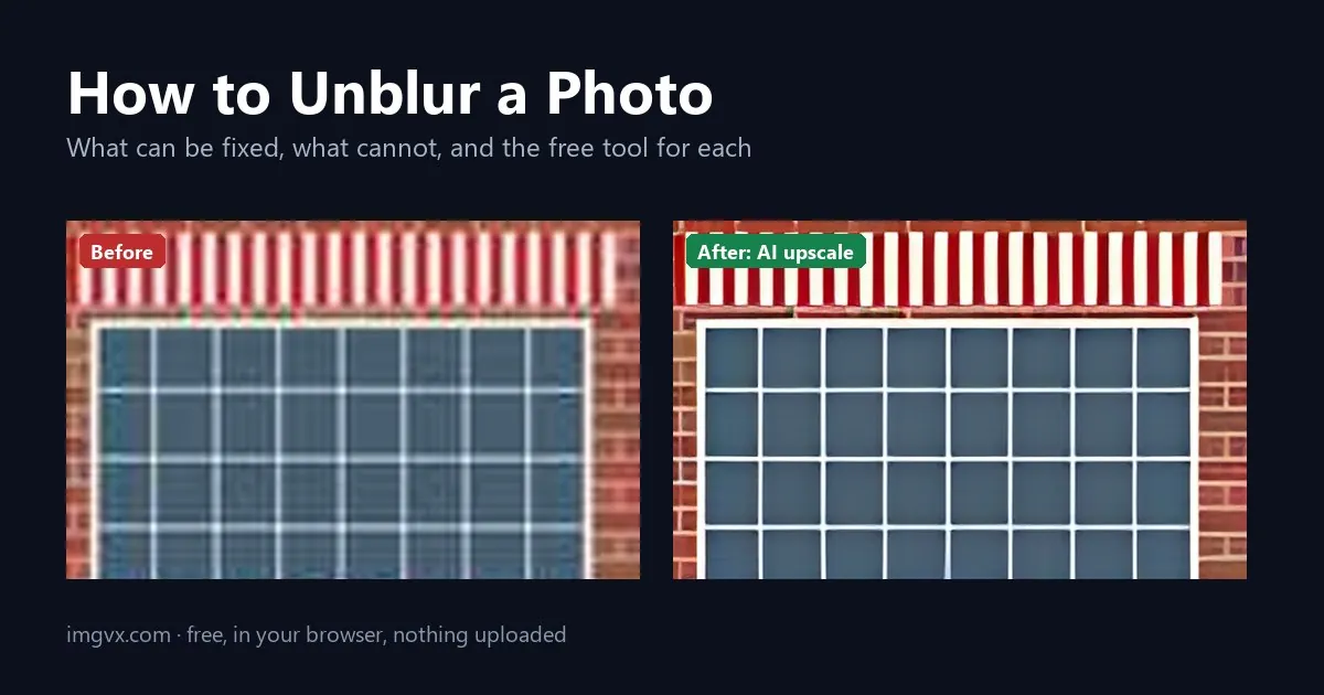 A blurry low-resolution window and awning, and the same image after AI upscaling with crisp stripes and glazing bars