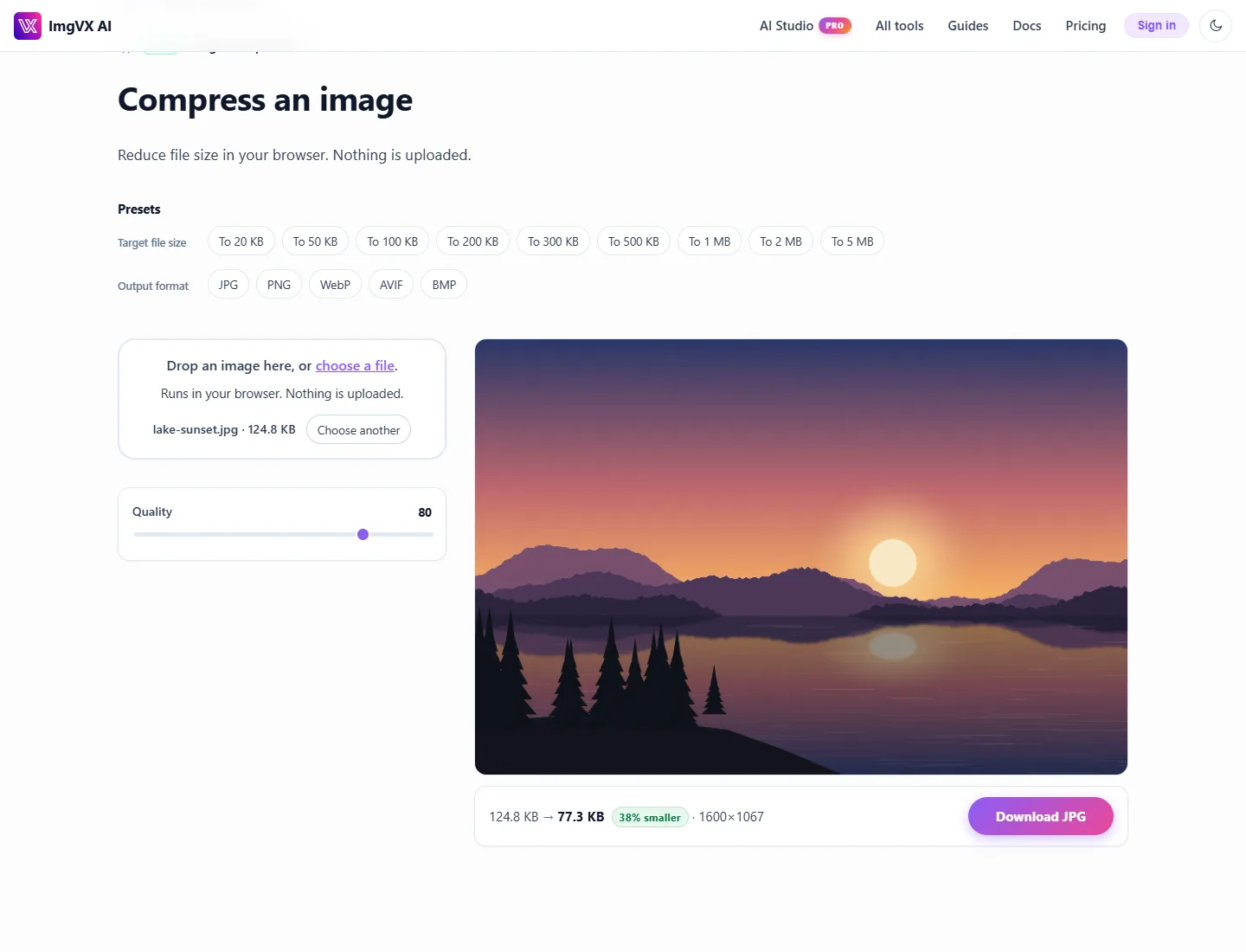 ImgVX image compressor showing a 124.8 KB photo reduced to 77.3 KB, 38% smaller, at quality 80