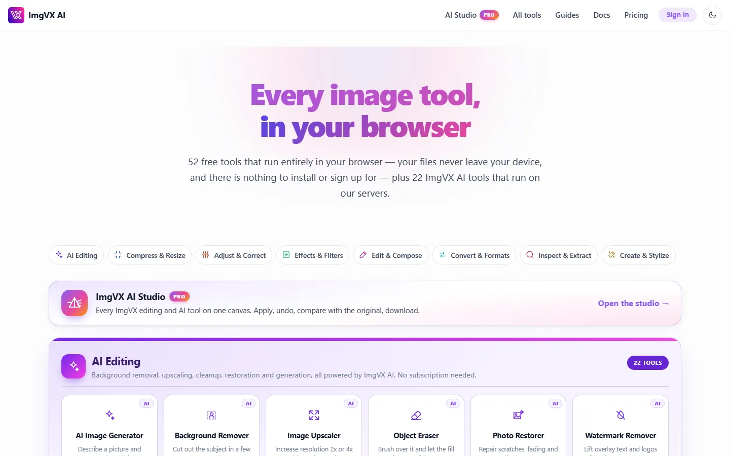 The ImgVX AI home page showing the tool categories and the AI Studio banner