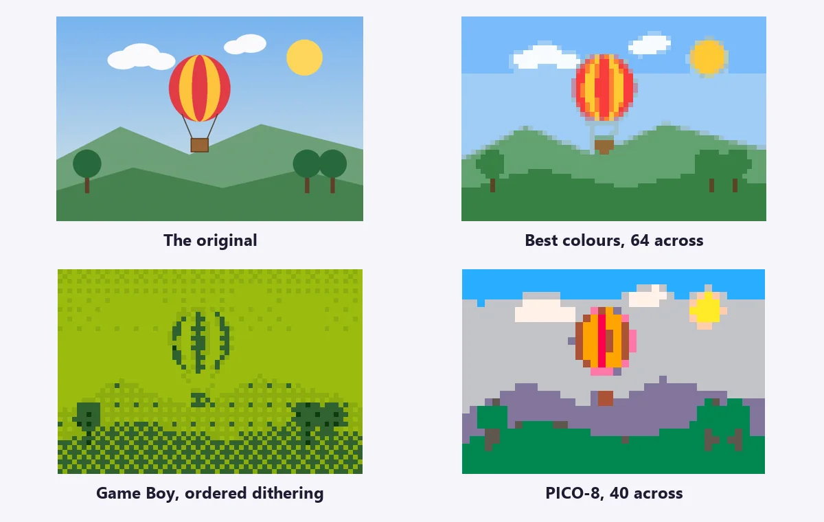 A balloon illustration and three pixel art versions: in its own 16 colours, in Game Boy greens with a checker pattern, and in the PICO-8 palette