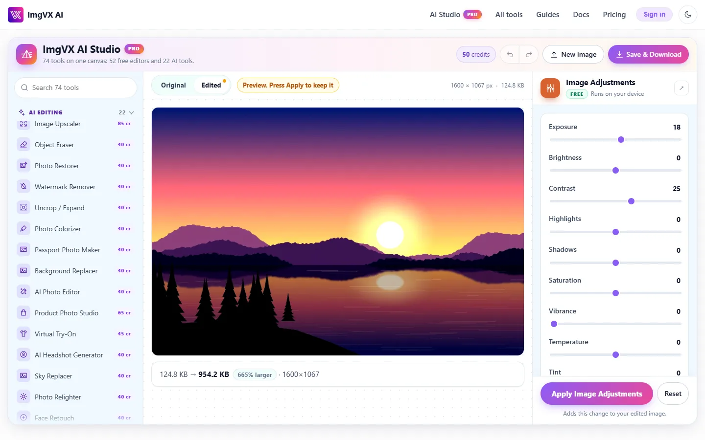ImgVX AI Studio on desktop with a sunset photo open in the Image Adjustments tool, exposure at 18 and contrast at 25
