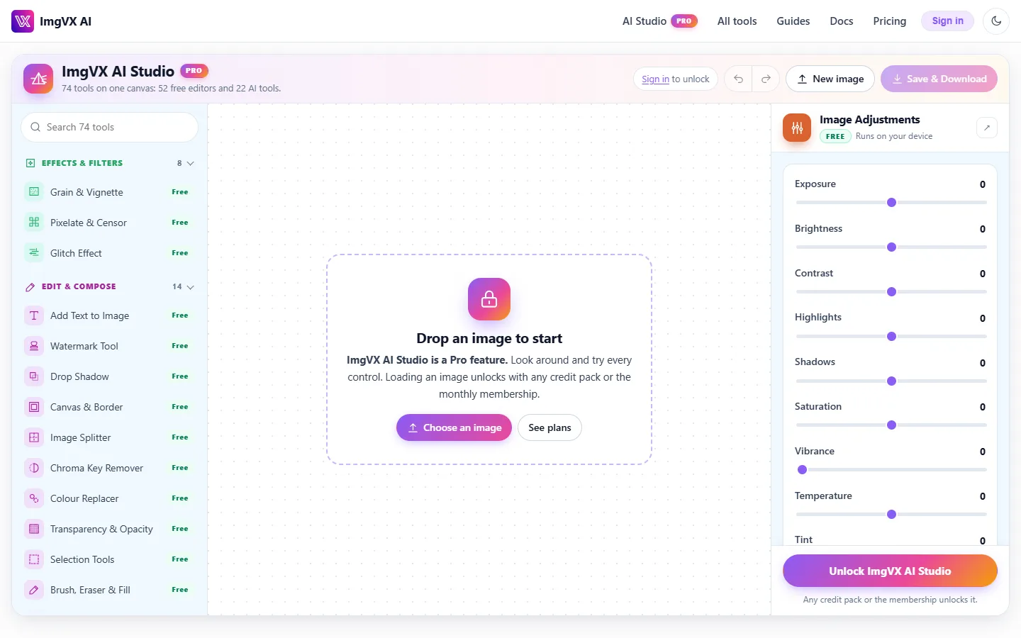ImgVX AI Studio before signing in, showing the tool list and a Drop an image to start card