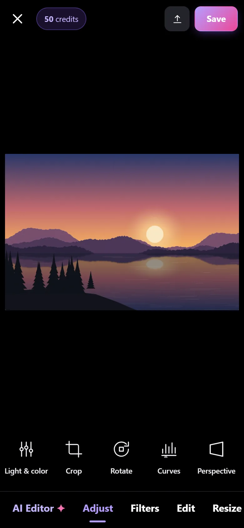 The Adjust category selected, showing Light and color, Crop, Rotate, Curves and Perspective tools