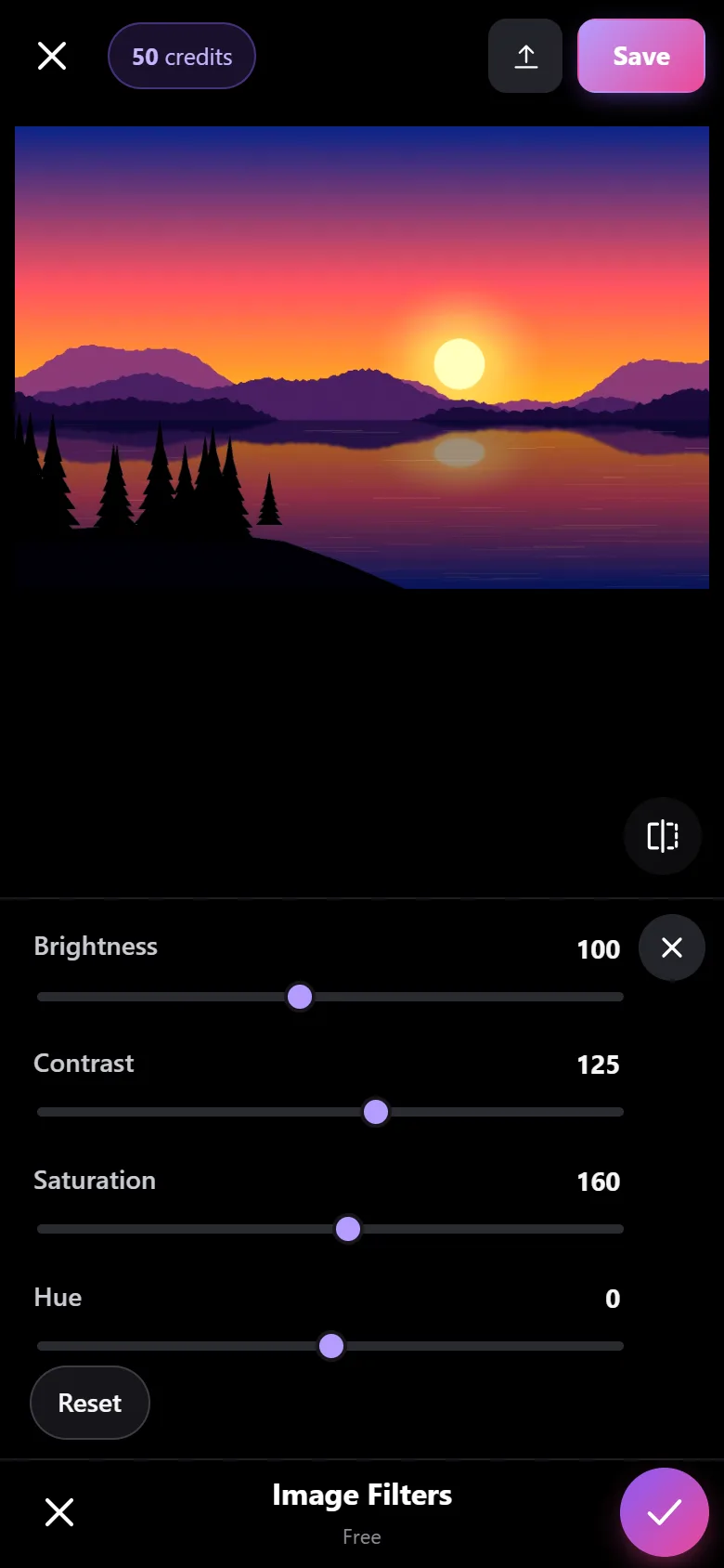 Image Filters open on a phone with contrast at 125 and saturation at 160, and cancel and apply buttons at the bottom