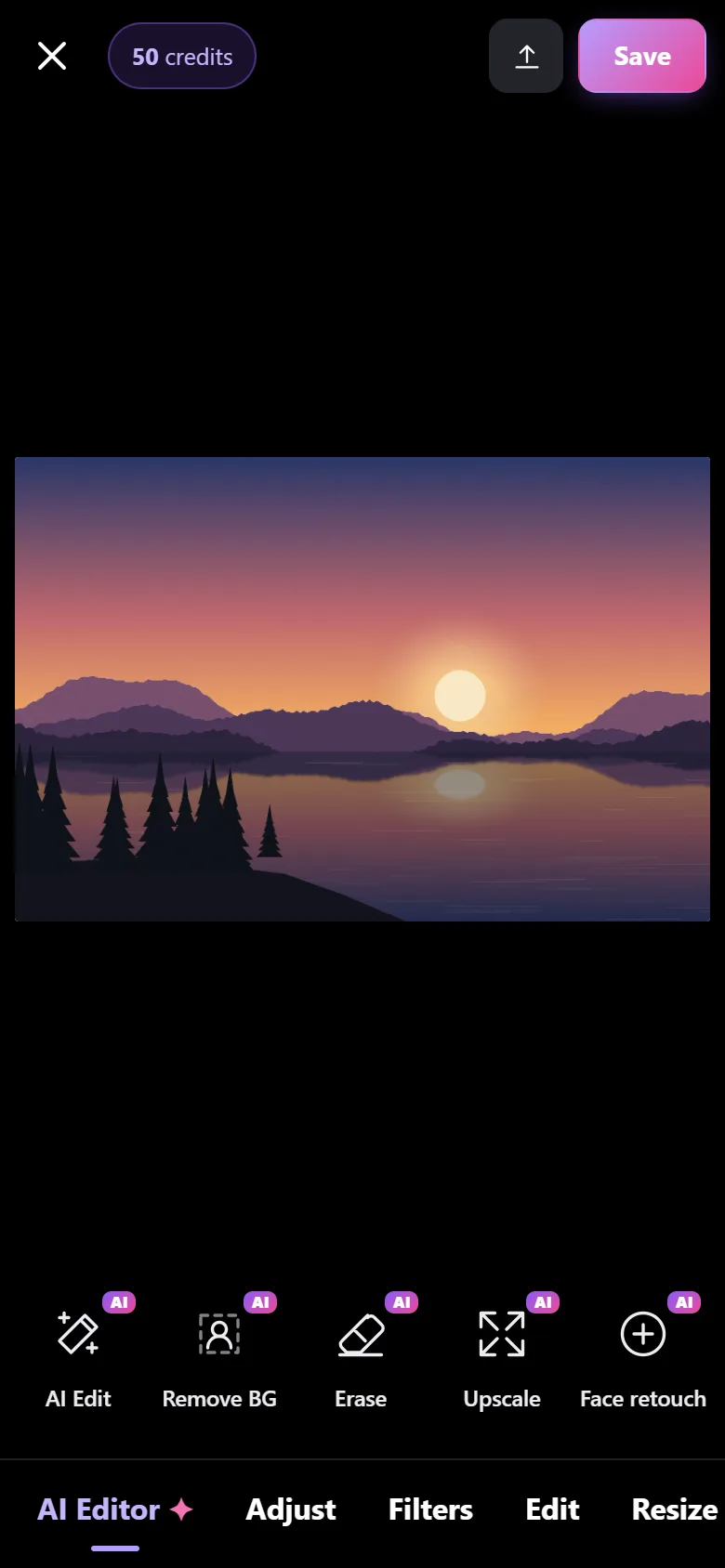 ImgVX AI Studio on a phone with a photo filling the screen, AI tools in a row and the category bar at the bottom