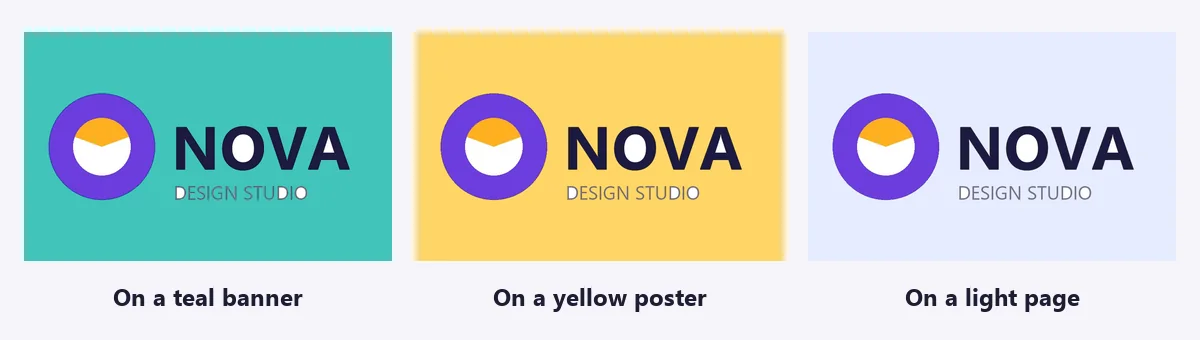 The same transparent logo placed on teal, yellow and light blue backgrounds