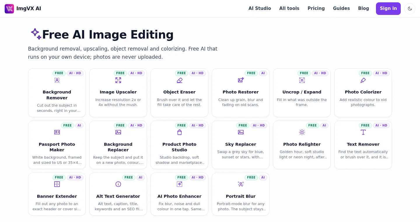 The ImgVX AI free AI image editing page listing 16 AI tools, each marked Free and AI, including Background Remover, Image Upscaler, Object Eraser, Photo Restorer and Photo Colorizer