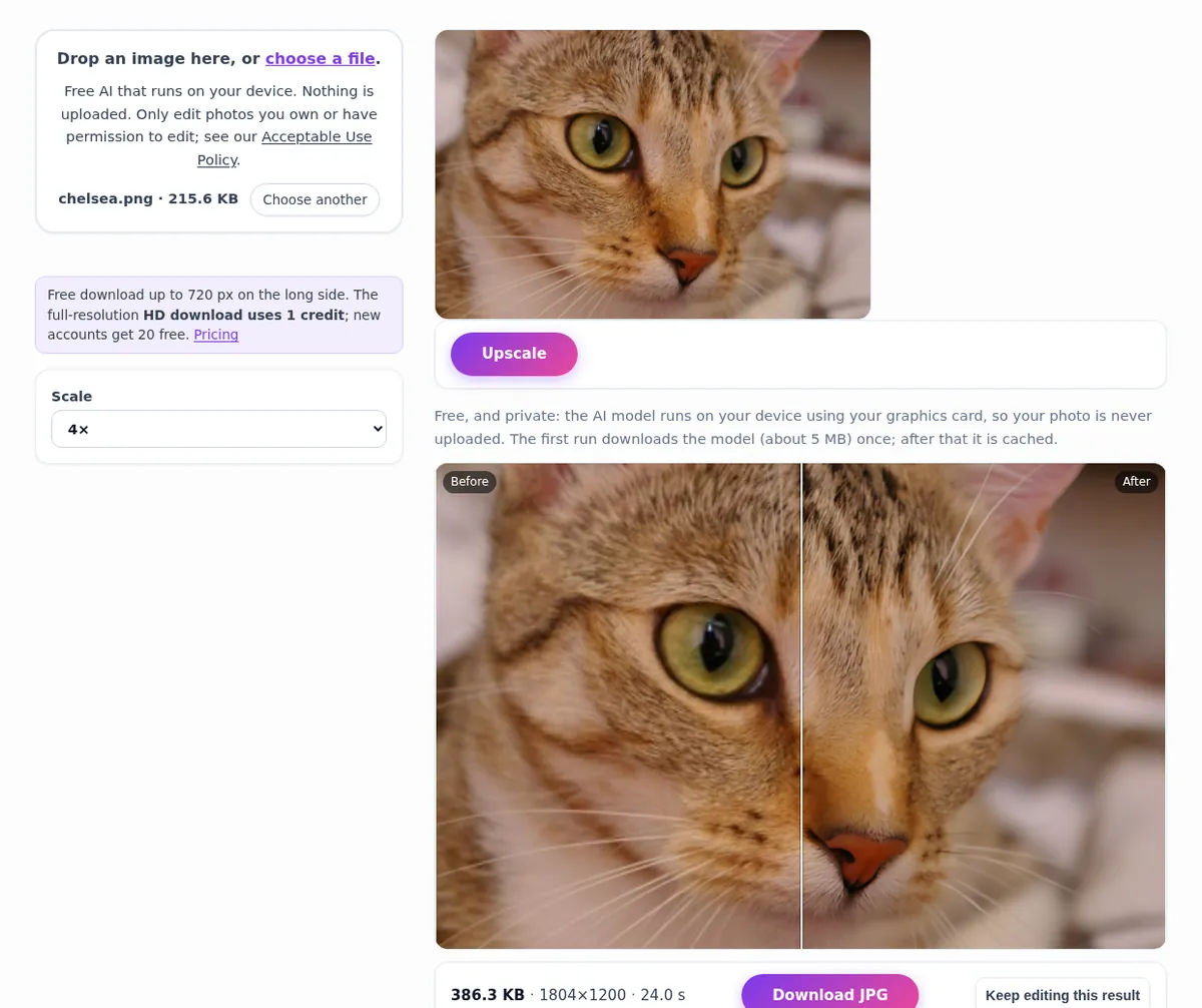 The ImgVX AI Image Upscaler page after upscaling a small cat photo 4x, showing the Scale setting, the Upscale button and a before and after comparison
