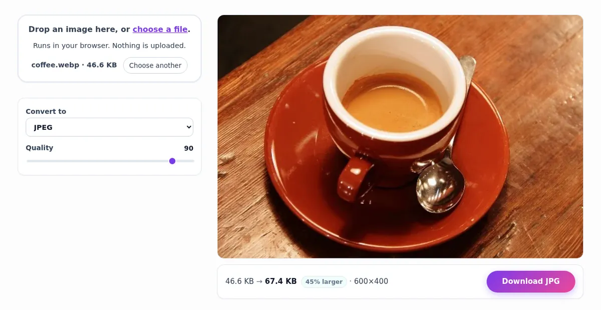 The ImgVX AI Image Converter converting a WebP photo of an espresso cup to JPEG at quality 90, with the result 46.6 KB in and 67.4 KB out, 45 percent larger, 600 by 400 pixels