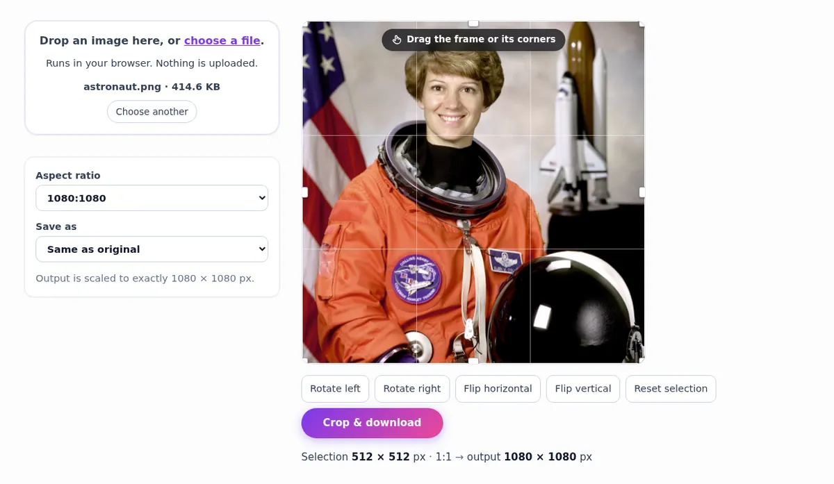 The ImgVX AI Image Cropper with an astronaut portrait, a square crop frame with rule-of-thirds grid, and output set to exactly 1080 by 1080 pixels for an Instagram post