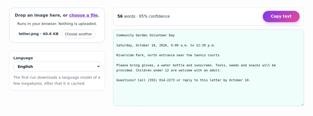 The ImgVX AI Image to Text OCR tool after reading a printed letter about a community garden volunteer day, showing 56 words at 95 percent confidence and the extracted text with date, place and phone number