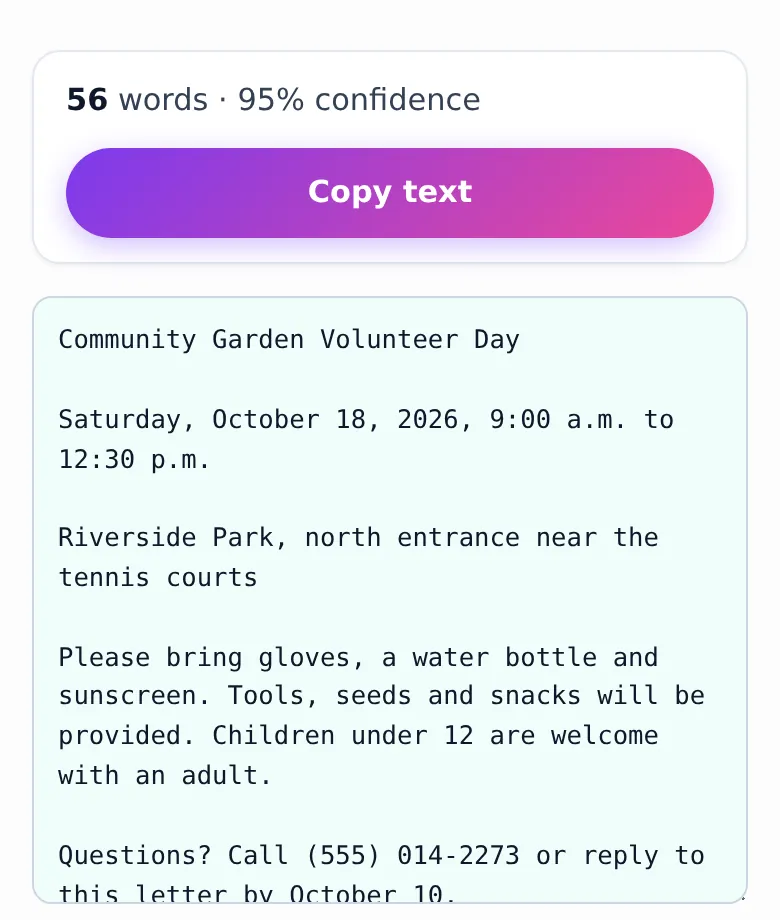 Image to Text OCR on an iPhone-sized screen showing 56 words at 95 percent confidence, a Copy text button and the extracted letter text