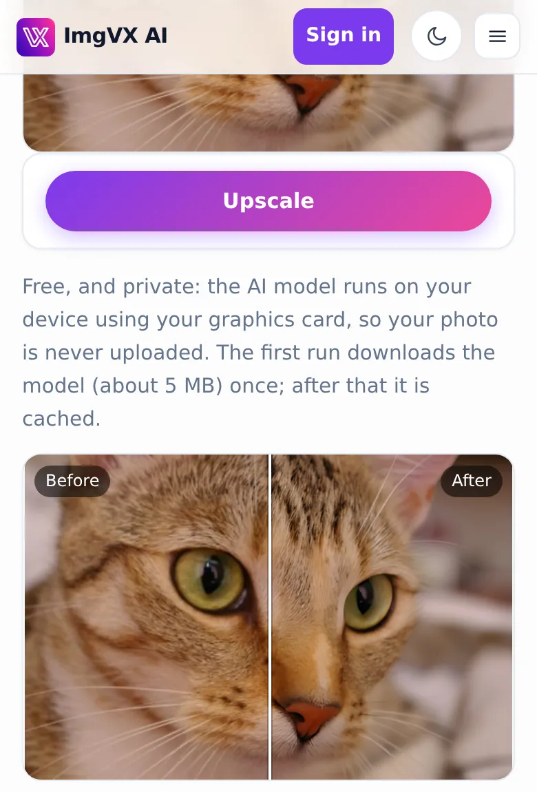 The ImgVX AI Image Upscaler on an iPhone-sized screen, showing a cat photo, the Upscale button, and a before and after comparison of the enlarged result