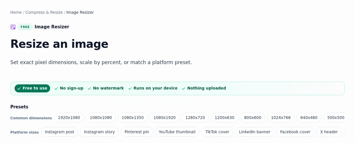 The ImgVX AI Image Resizer page with preset chips for common dimensions such as 1920x1080 and 1080x1080 and platform sizes such as Instagram post, YouTube thumbnail and LinkedIn banner
