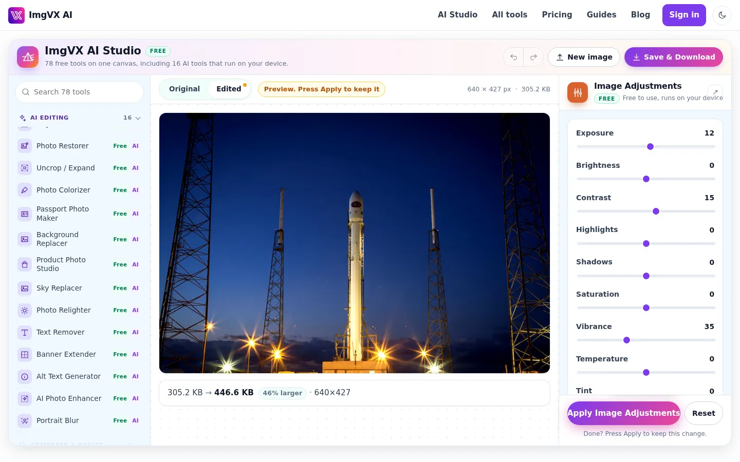 ImgVX AI Studio on a desktop: a rail of AI tools on the left, a rocket launch photo in the middle with Original and Edited tabs, and Image Adjustments sliders for exposure, contrast and vibrance on the right